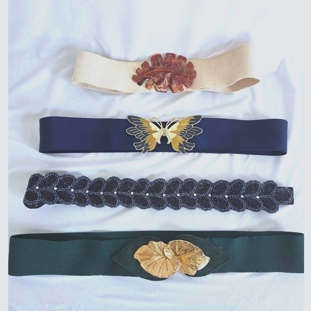 Vintage Elastic Cinch Belt Lot, Retro Waist Buckle Belts 4pc